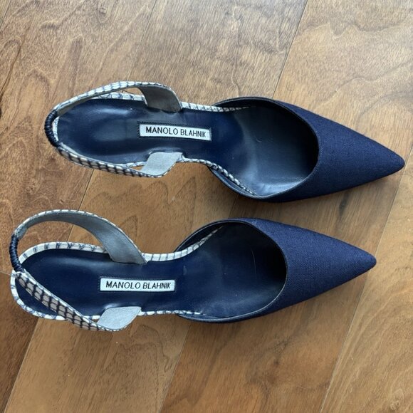 Manolo Blahnik Shoes - Manolo Blahnik Carolyn Navy Blue Linen Slingback Pump Featuring Almond Toe